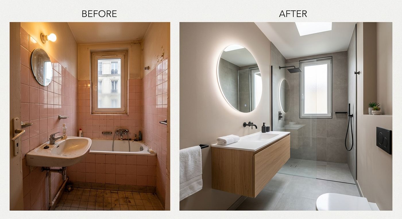 Salle de bain avec douche à l'italienne — Paris — avant et après rénovation, côte à côte