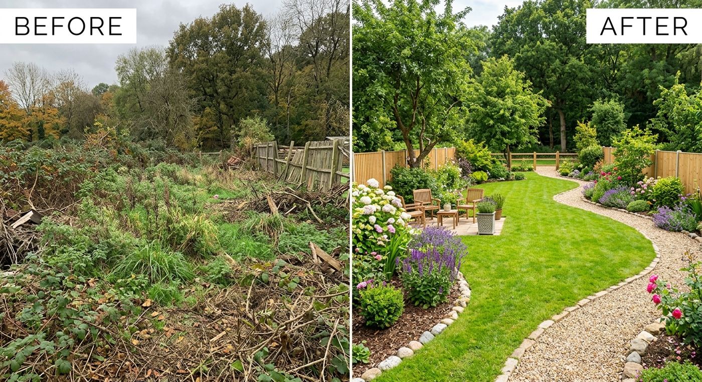 Overgrown Garden Landscaping — Île-de-France — before and after renovation, side by side