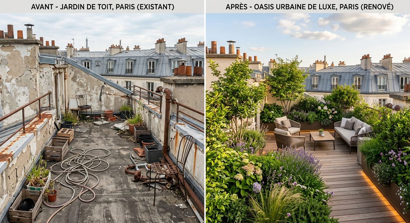 Rooftop Terrace — Urban Oasis, Paris — before and after renovation, side by side
