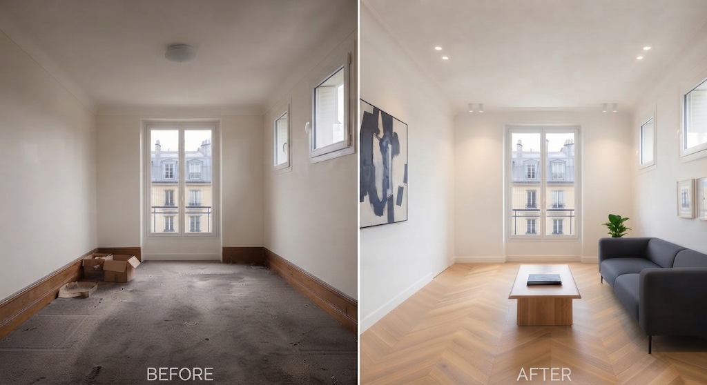 Restauration d'un salon haussmannien — Paris — avant et après rénovation, côte à côte