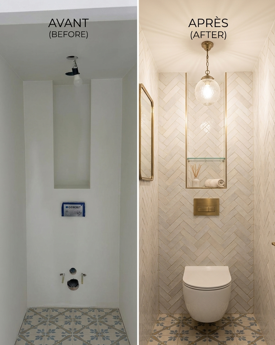 Aménagement d'un WC d'invités — Paris — avant et après rénovation, côte à côte