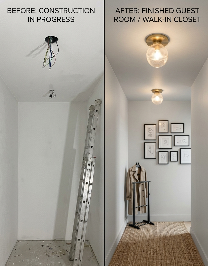 Couloir transformé en dressing / chambre d'amis — Paris — avant et après rénovation, côte à côte