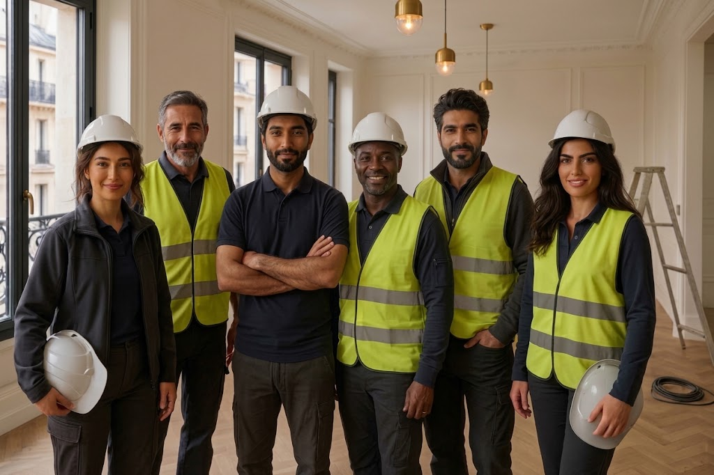 L'équipe de MM RENOV PARIS sur un chantier de rénovation d'appartement haussmannien à Paris