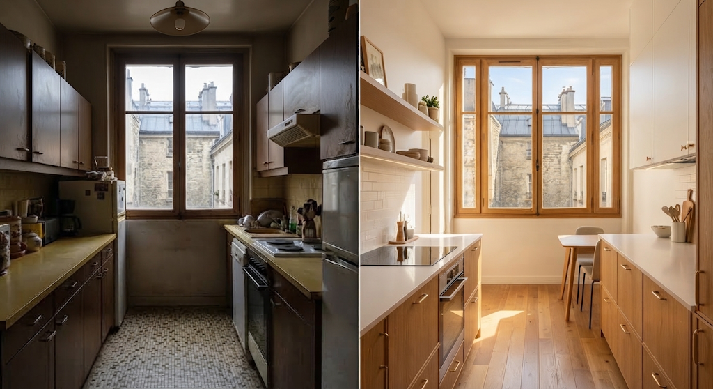 Cuisine en couloir à Paris avant et après modernisation par MM RENOV PARIS, côte à côte